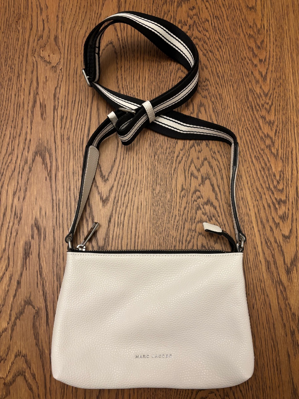 Marc Jacob White Leather Crossbody Bag with Striped Strap